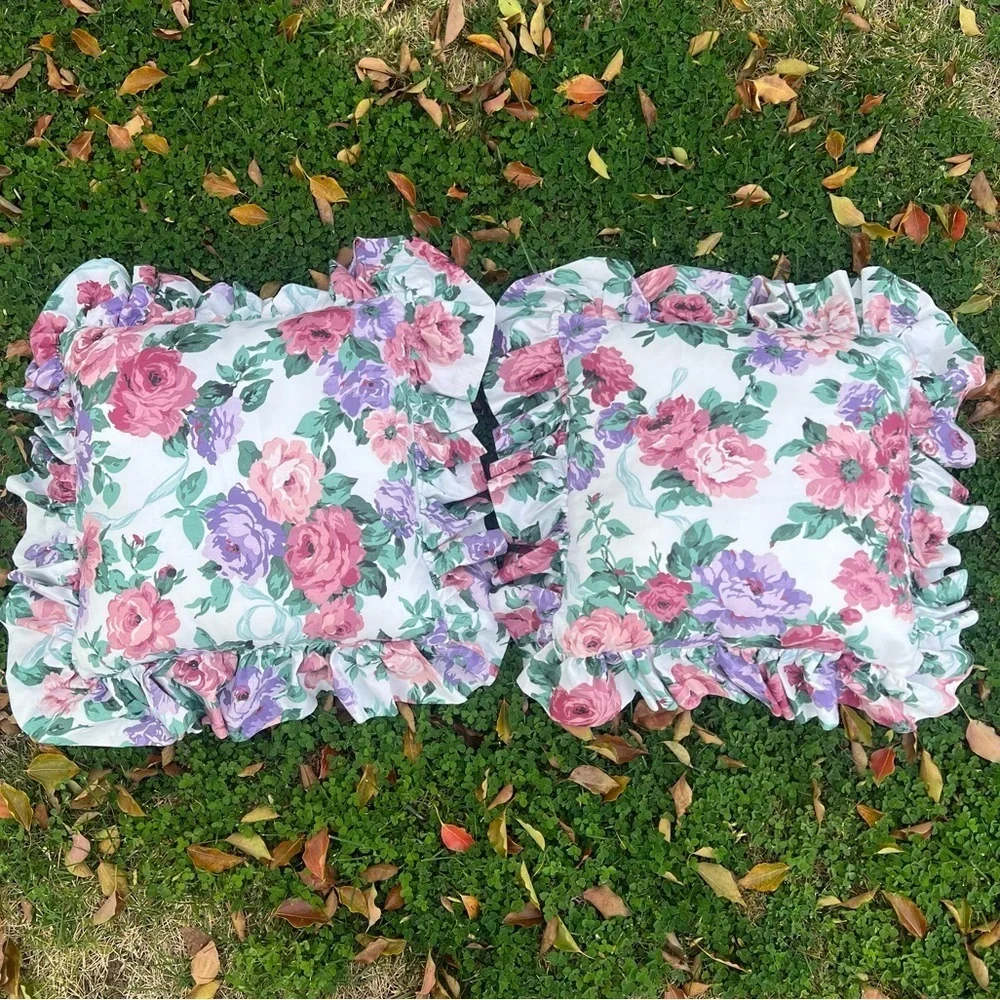 Vintage Cottagecore Floral Ruffle Accent Pillow Set Pink Purple Croscill? 15x15